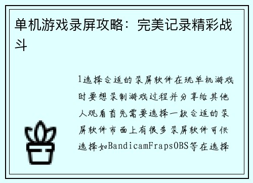 单机游戏录屏攻略：完美记录精彩战斗